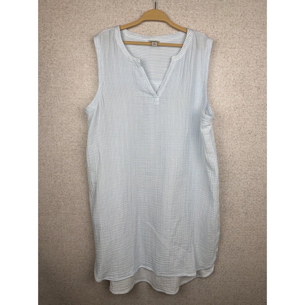 LL Bean Womens Cotton Gauze Sleeveless Dress Size L Blue White Stripe Split Neck